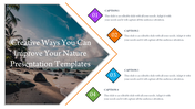 Nature themed PowerPoint template with a scenic beach photo on the left and four captions on the right.