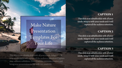 Nature themed PowerPoint slide with a scenic beach and overlayed text with captions.