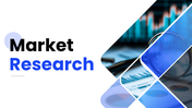 Market Research slides with blue theme, magnifying glass visuals, charts, graphs, icons, and structured analysis sections.
