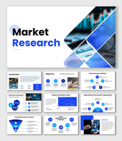 Market Research slides with blue theme, magnifying glass visuals, charts, graphs, icons, and structured analysis sections.