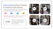 Slide showcasing teamwork with four numbered photos of diverse groups and a price tag element at the bottom.
