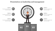 Leadership concept design showing a man in a suit on a podium, a clock, and six gray numbered circles with captions.