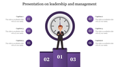 Purple themed PowerPoint slide on leadership and management with a businessman standing on a podium.