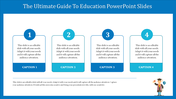 Education slide featuring four numbered sections with blue accents, and a graduate illustration in the bottom corner.