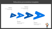 Education timeline infographic with four blue triangular segments numbered 01 to 04, connected to captions areas.
