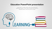 Slide with a blue brain outline connected by a USB cable to books, symbolizing learning and education concepts.