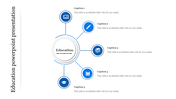 Education PowerPoint slide with a central circle and five surrounding sections linked by lines, each containing blue icons.