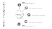 Grayscale education infographic with a central circle linked to five smaller icons representing different learning concepts.
