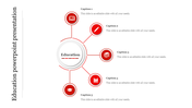 Educational flowchart featuring a central white circle with the word branching out to five red icons and text placeholders.