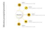 Education PowerPoint presentation template with a central circle labeled and five related captions with yellow icons.