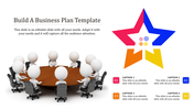 Business plan PowerPoint template showing figures at a round table and a colorful star infographic with numbered captions.