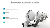 Call center concept showing white 3D figures wearing headsets, working on laptops, with four blue captions on the left.