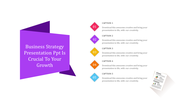 A purple banner highlighting business strategy and growth, accompanied by five multicolored caption points on the right.