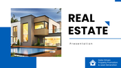 Real Estate slides with modern house image, blue white theme, bold titles, clean text blocks, icons, and property overview.