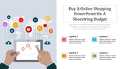 Infographic slide showcasing online shopping with icons representing various shopping categories connected by dotted lines.