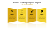 Yellow themed business slide with four tilted panels, each containing an icon and text, arranged in a row.