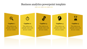Golden business template featuring five angled segments, each with an icon representing different aspects of analytics.