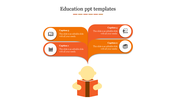Education slide showing a student reading a book, with four curved orange text boxes above, each containing an icon.
