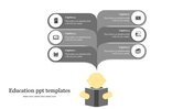 Gray themed slide showing six captions with icons linked to a figure reading a book at the bottom.