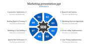 SEO marketing strategy PowerPoint template with eight blue steps arranged around an SEO gear icon.