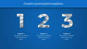 Blue background with numbers 1, 2, and 3 created from silver triangular patterns, each with captions below.