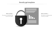 Security graphic with a padlock icon and a document, featuring placeholder text areas and bar chart.
