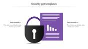 Data security presentation template with a large padlock graphic and a purple bar chart document, accompanied by text.