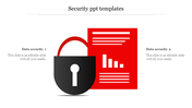 Security PPT slide showing a black lock icon and a document with data analysis charts in a red theme with text area.