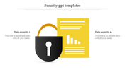 Illustration of a lock with a yellow document featuring graphs, and two text sections on data security.