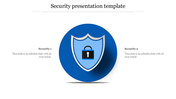 Security presentation template featuring a blue shield icon with a padlock in the center with placeholder text.