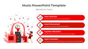 Illustration of a person with music icons, a red arch, and a list of benefits in red boxes on a white background.