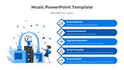 Blue and white design showing five music benefits with icons and a musical illustration on the left.