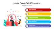 Music template illustrating five benefits of music, including Stress and Physical Health, with icons and colorful segments.