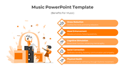Music PPT slide showcasing benefits from stress reduction to physical health and two human illustrations of hearing music.