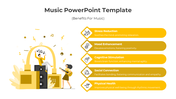 Music-themed slide with an illustration of people enjoying music and key benefits detailed in yellow sections.