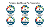 Dashboard slide with six gauge meters displaying low to high ranges, each labeled with captions below.