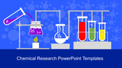 A research PPT slide with a lab setup, including beakers, flasks, and test tubes with colorful liquids on a blue theme.