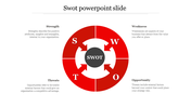 SWOT PowerPoint template with a red circular diagram split into four sections with placeholder text.