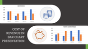 Slide with revenue and new customer data, featuring blue and orange bars, on a rounded white sections on a dark background.