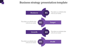 Business strategy PowerPoint template featuring four steps from business to profit with numbered purple circular labels.