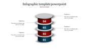 Infographic slide with four stacked circular blocks in red and blue, labeled 01 to 04, each paired with a caption below.