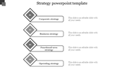 Grayscale strategy infographic with four diamond shaped numbered steps connected to labeled descriptions.