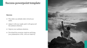 A person raising a fist triumphantly while sitting on a mountain with a Success PowerPoint slide.