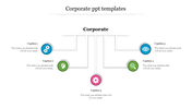 Corporate PPT slide with colored icons representing settings, vision, intelligence, and analysis with captions.