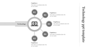Technology PowerPoint template with a central laptop icon and five grey numbered sections for captions.