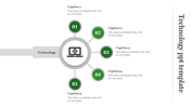 Technology PowerPoint template with a central laptop icon connected to five numbered captions with text area.