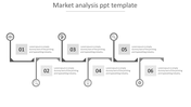 Market analysis slide with six gray marked line steps, each containing an icon and descriptive text.