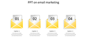 Row of four yellow open envelopes with white papers labeled 01 to 04, illustrating an email marketing concept.