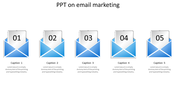 PPT email marketing template with five envelopes, each containing a numbered document, arranged from 1 to 5.