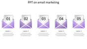Five purple envelopes with numbered papers inside, representing steps in an email marketing process.
